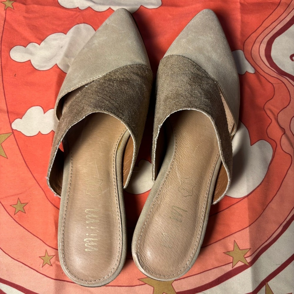 Mi.im Pointed Toe Mules Tan Taupe Two Tone Faux Suede Flat Slides Womens 7 Fall - Picture 3 of 16